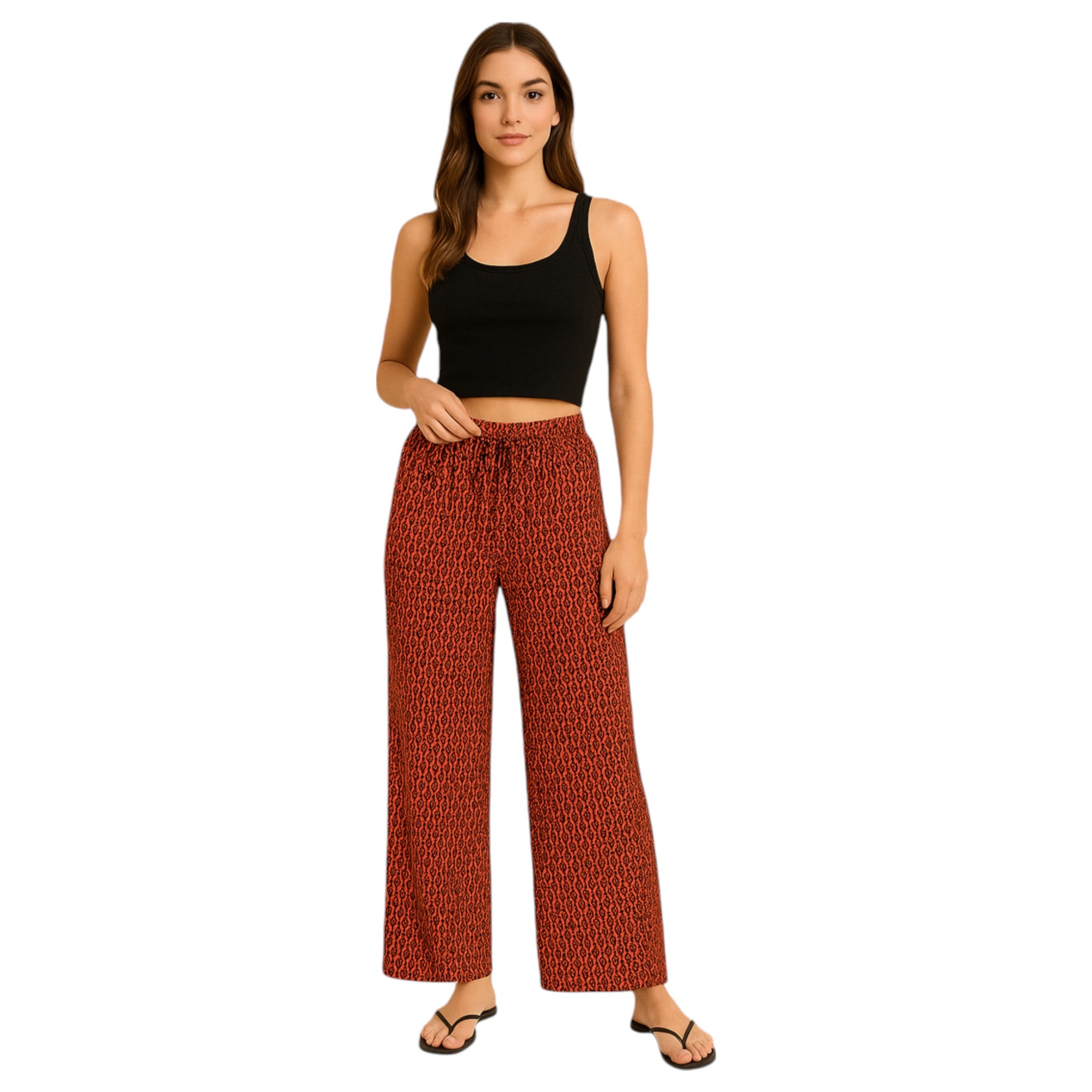Women's printed wide-leg lounge trousers in orange – lightweight elastic waist boho pants for casual summer wear